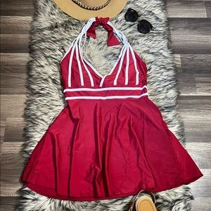 Red and White Halter Bathing Suit.